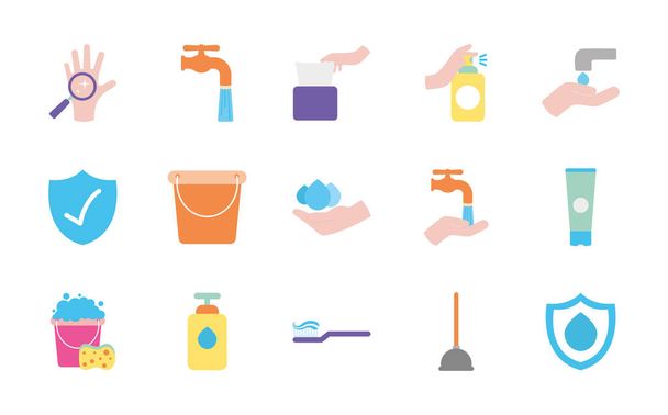 Set mit Zahnbürste und Hygiene-Symbol, flacher Stil - Vektor, Bild