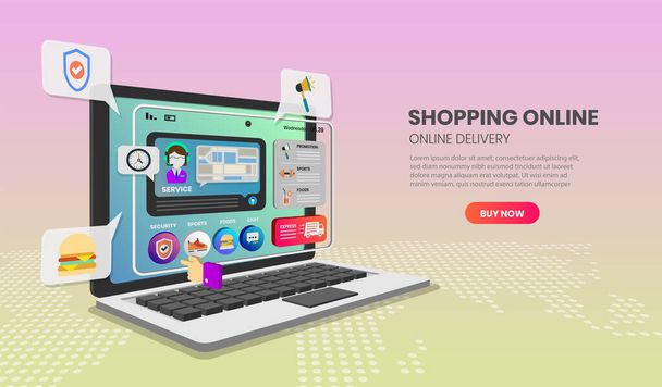 Modelos de compras on-line para Laptop app page.For banner web, infográficos, imagens de herói. ilustração vetorial
. - Vetor, Imagem