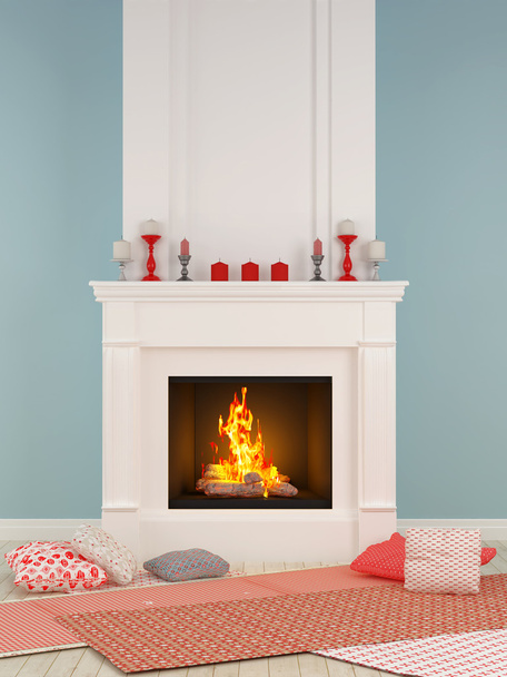 赤の装飾が付いている暖炉 - 写真・画像
