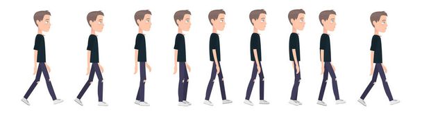   Cycle complet d'animation de la démarche d'un jeune homme en vêtements à la mode. Un jeune étudiant ou écolier marche, sprites pour l'animation
. - Vecteur, image