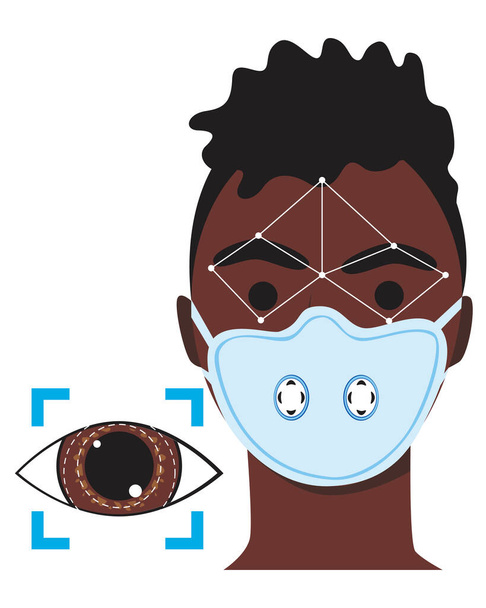 Rozpoznávání obličeje a očí afrického muže nebo osoby v uniformě v lékařské masce obličeje nebo respirátoru pro bezpečnost. Ploché vektorové stock ilustrace s rozpoznáváním sítnice mobilním telefonem nebo digitálním systémem - Vektor, obrázek