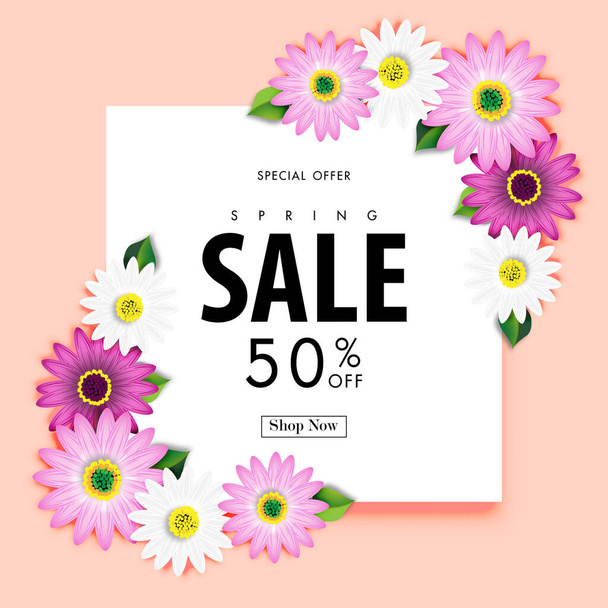 Spring Sale Off Background with Colorful Daisy Flower Blossom Design Vector - Vector, imagen