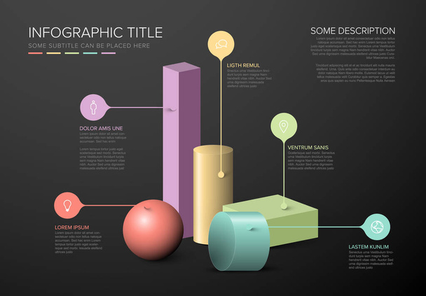 Vektorová tmavá víceúčelová Infographic šablona s různými barevnými 3D tvary - Vektor, obrázek