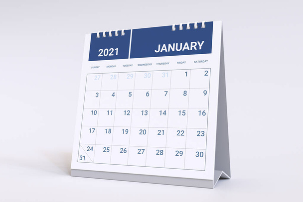 3Dレンダリング- 1月のカレンダー。2021月のカレンダー週は日曜日に始まります. - 写真・画像