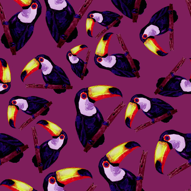 Akvarell zökkenőmentes minta toucan. Nyári trópusi illusztráció. Zökkenőmentes absztrakt vadon élő egzotikus állatlenyomat. Aranyos rajzfilm vad állat. - Fotó, kép