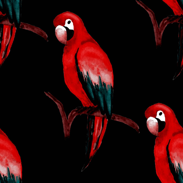 マカオのオウムと水彩シームレスパターン。エキゾチックなジャングルの鳥の壁紙。どんな目的にも最適なデザイン。明るい夏｜print. - 写真・画像