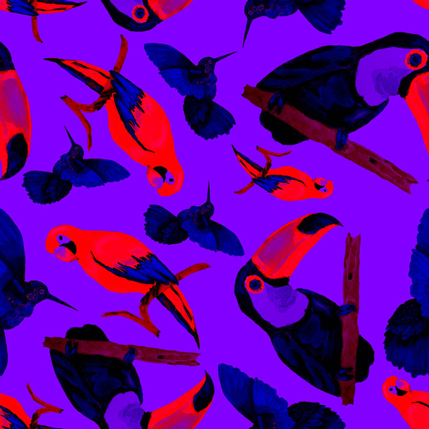 Akvarel hladký vzor s toucanem, papouškem macaw a kolibříkem. Letní tropická ilustrace. Bezproblémový abstraktní exotický zvířecí tisk. Roztomilé animované divoké zvíře. - Fotografie, Obrázek