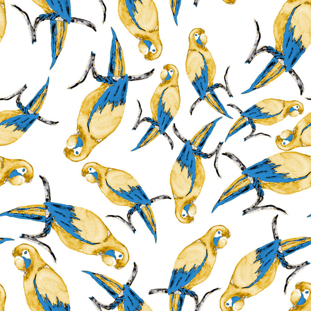 Watercolor seamless pattern with macaw parrot. Exotic jungle bird wallpaper. Great design for any purposes. Bright summer print. - Фото, изображение