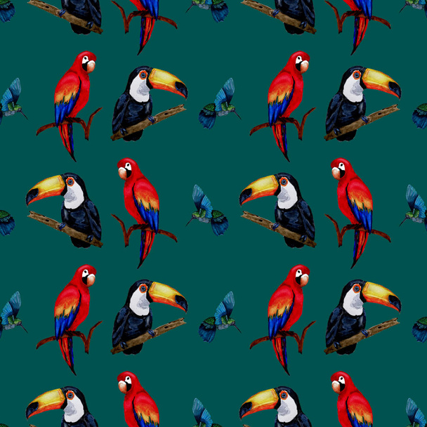 Υδατογραφία αδιάλειπτη μοτίβο με τουκάν, παπαγάλο μακάο και κολιμπρί. Καλοκαιρινή τροπική απεικόνιση. Απρόσκοπτη αφηρημένη άγρια εξωτική εκτύπωση ζώων. Χαριτωμένο καρτούν άγριο ζώο. - Φωτογραφία, εικόνα