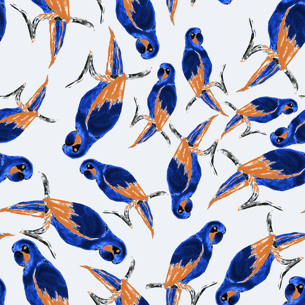 Watercolor seamless pattern with macaw parrot. Exotic jungle bird wallpaper. Great design for any purposes. Bright summer print. - Zdjęcie, obraz