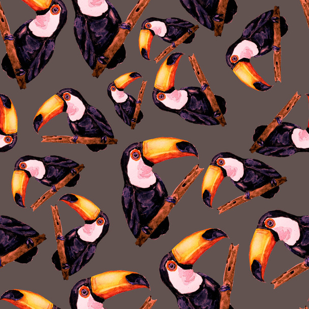 Akvarell zökkenőmentes minta toucan. Nyári trópusi illusztráció. Zökkenőmentes absztrakt vadon élő egzotikus állatlenyomat. Aranyos rajzfilm vad állat. - Fotó, kép