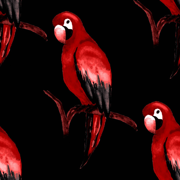 Акварель бесшовная картина с попугаем ара. Экзотические обои для птиц в джунглях. Отличный дизайн для любых целей. Яркая летняя печать
. - Фото, изображение