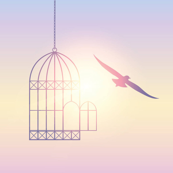 pássaro voa para fora da gaiola para o céu ensolarado
 - Vetor, Imagem