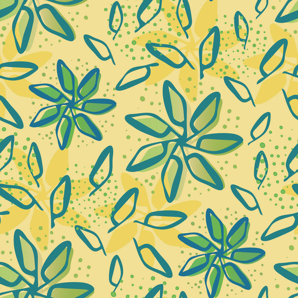 Scattered flowers and leaves seamless vector pattern background. Painterly blooms foliage with offset color on textured yellow backdrop. Modern botanical all over print for giftwrap, organic packaging - ベクター画像