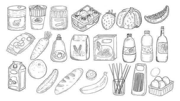 красиві продуктові предмети вільний стиль ескізу в чорно-білому кольоровому наборі. Миттєва чашка локшини, кукурудзяна коробка, може їсти, пляшка вина, закуски, фрукти, овочі
 . - Вектор, зображення