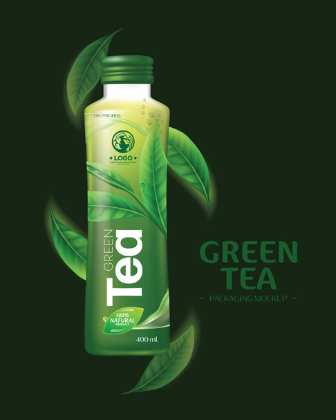 Green Tea Drink Packaging Mockup. Realistic green tea leaves background for advertising poster. Vector illustration - Vector, afbeelding
