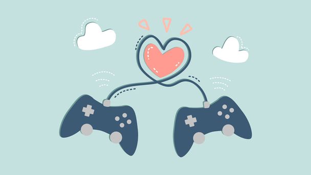 joysticks with wire loop in heart shape with pink heart inside of it. concept of modern online relationship through playing online game or offline game. - Vector, Image