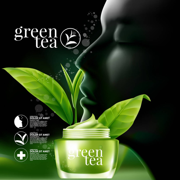 Grüner Tee Serum Hautpflege Kosmetik. - Vektor, Bild