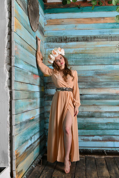 spring girl in a beige dress and a floral wreath on her head posing against a wooden wall - Foto, Imagem