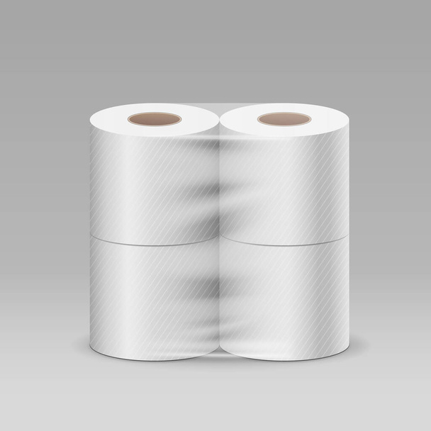 Plastic rol wc-papier een pakket vierdelig, ontwerp op grijze achtergrond, vector illustratie - Vector, afbeelding