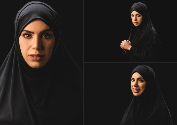 美しい悲しいと笑顔のイスラム教徒の女性のコラージュ黒で隔離されたカメラを見て  - 写真・画像