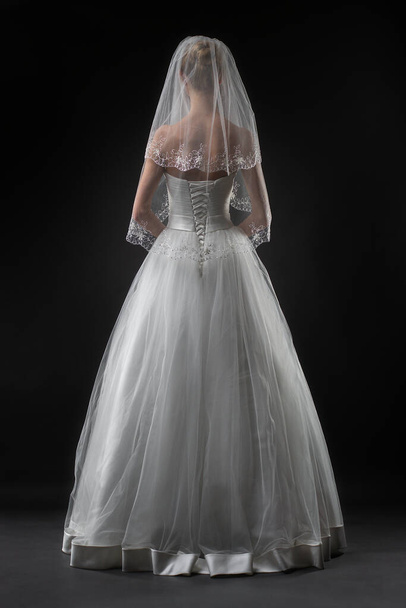 Bride in a beaituful long white wedding dress and lace bridal veil, back view. Black background - Foto, Imagen
