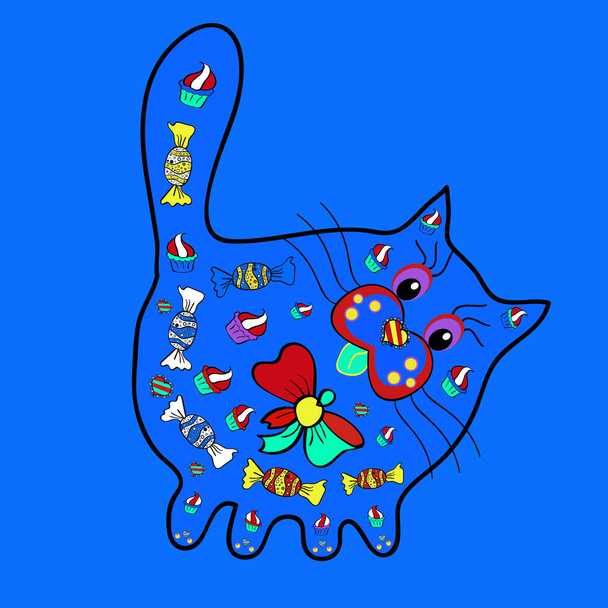 スケッチのパターン。花や猫とかわいいベクトルパターン。スケッチ、パッケージ、テキスタイル、スクラップブッキングのための美しいパターン。キティの背景。赤、黒、青の画像. - ベクター画像