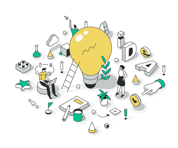 Concept of generating a great idea. The big light bulb as idea symbol. Innovations & creativity process. Brainstorming fresh ideas for a new project. Business startup isometric illustrations - Vector, Image