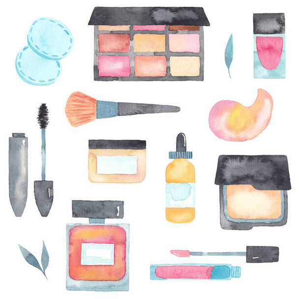 Conjunto de artículos de maquillaje y cuidado de la piel. Elementos de acuarela sobre fondo blanco
 - Foto, imagen