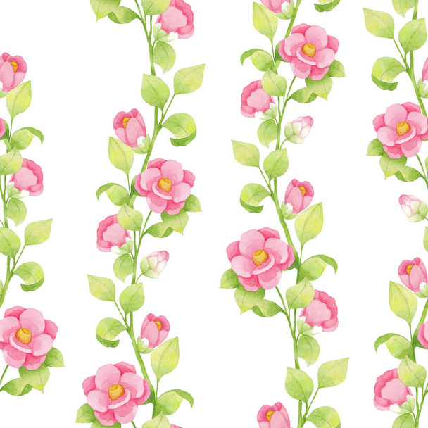 Акварель бесшовный узор из розовых цветов и зеленых веток, листья изолированы на белом фоне. Камелия
 - Фото, изображение