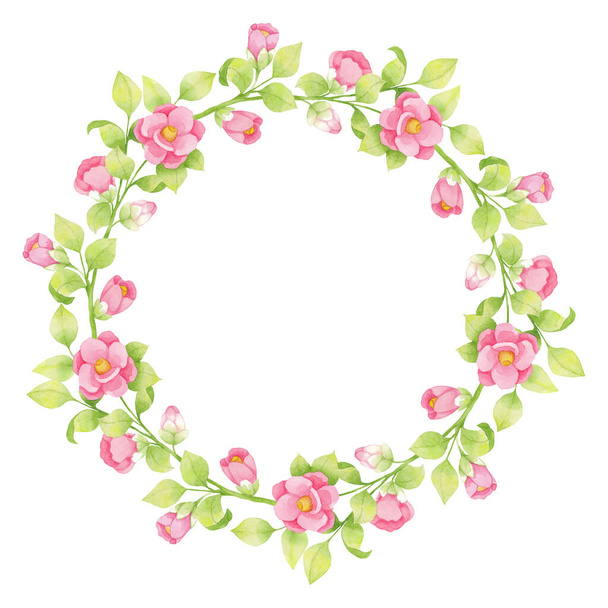 Watercolor wreath of pink flowers and green twigs, leaves isolated on white background.  Japanese camellia - Fotografie, Obrázek