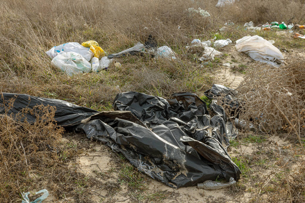 Deniz kıyısına dökülen çöpler turistler ve tatilciler tarafından bırakılıyor. Denizin kirli kumlu kıyıları. Çevre kirliliği. Çevresel sorunun olumsuz etkisi vardır. Kullanılmış kirli plastik şişeler - Fotoğraf, Görsel