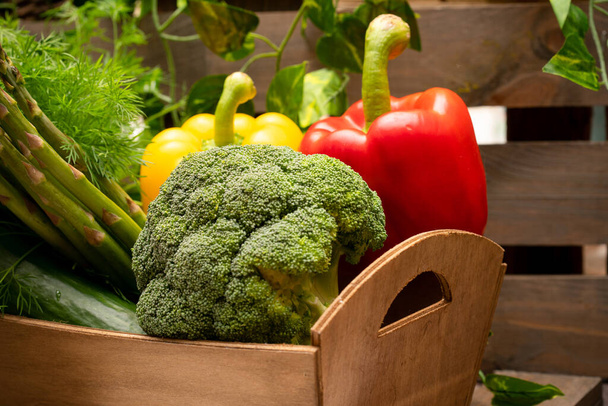Verse dille, broccoli en paprika 's in een houten kist - Foto, afbeelding