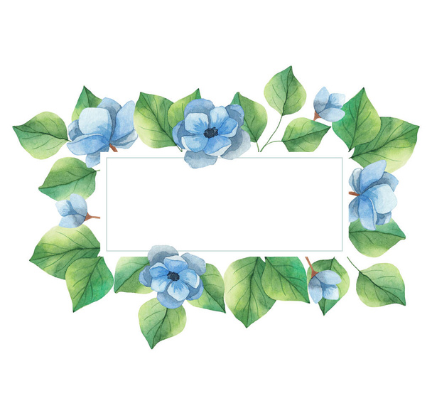 Watercolor frame invitation on a white background. Blue anemone flowers and green twigs. Isolated drawing on a white background.  Perfect for cards, logo and much more - Fotó, kép