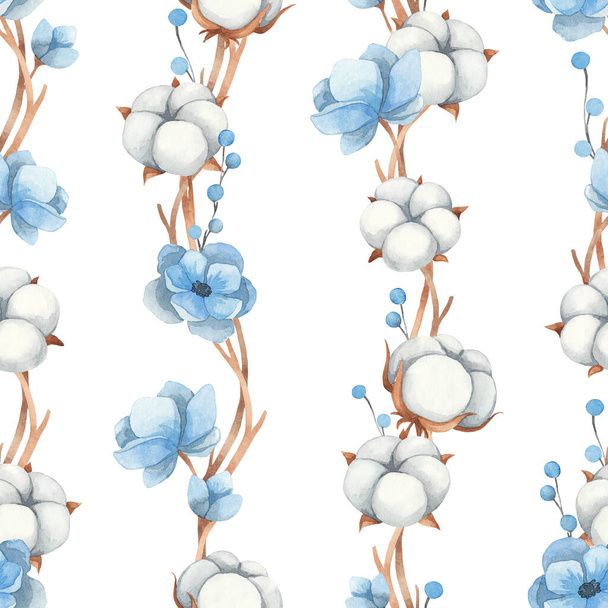 Watercolor seamless pattern of cotton flowers, blue anemone flowers and twigs, isolated on a white background. Perfect for wrapping paper, textile, wallpaper, and much more - Photo, Image