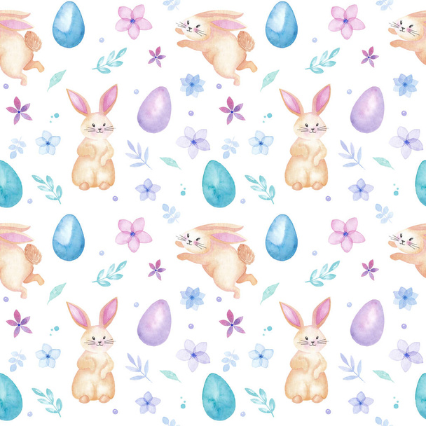 Frohe Osterfeiertage Aquarell Kaninchen nahtlose Muster mit bunten Eiern, Blumen und Blättern, Grußkarte, isoliert auf weiß - Foto, Bild