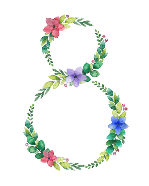 8 березня Жіночий день акварельна квіткова рамка, вінок у формі вісімки
 - Фото, зображення