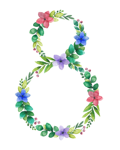 March 8 Women's Day watercolor flower frame, wreath in shape of number eight - Fotoğraf, Görsel