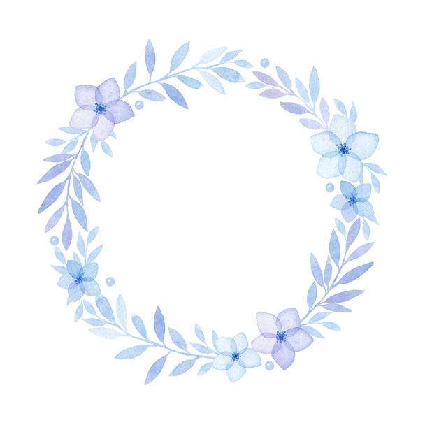 Watercolor floral wreath of blue flowers, greeting card, copy space, isolated - Фото, зображення