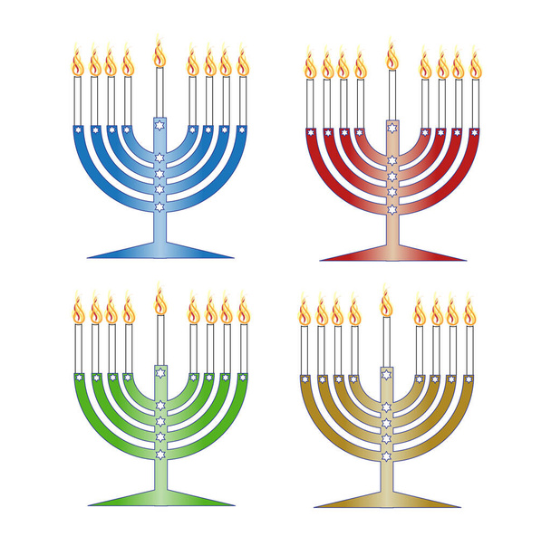 Bright red, blue, green and gold channukia (all candles lit), vector illustration   - Vector, Image