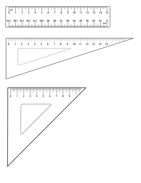 Mathematische Ausrüstung - Lineal, sechzig Grad eingestelltes Quadrat und fünfundvierzig Grad eingestelltes Quadrat (Imperiale Menge - alle Maße in Zoll), einfache Vektorillustration  - Vektor, Bild