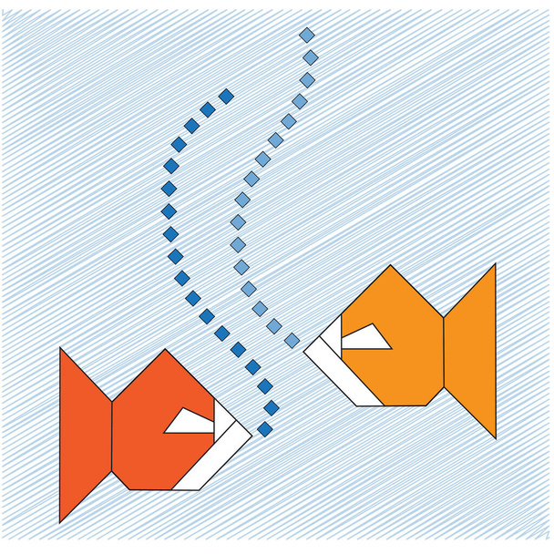 Origami oro pesce soffiando bolle quadrate su sfondo blu pallido
 - Vettoriali, immagini