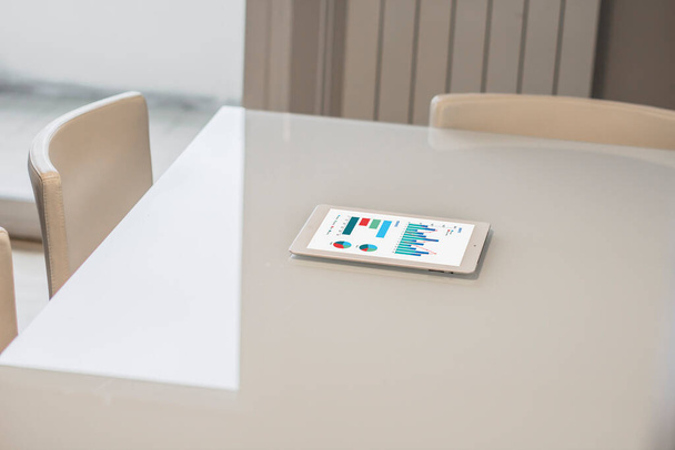 Tablette blanche sur une table avec des informations financières affichées sous forme graphique à l'écran
 - Photo, image