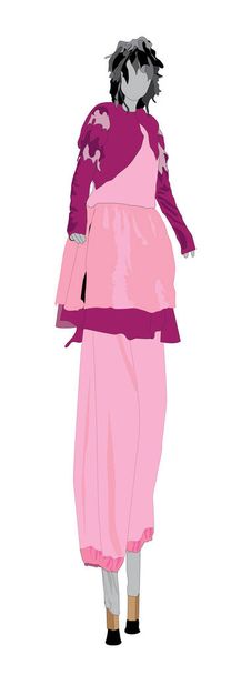 Frau auf Stelzen in rosa oder lila Kleid mit flippigem Haar - Vektor, Bild