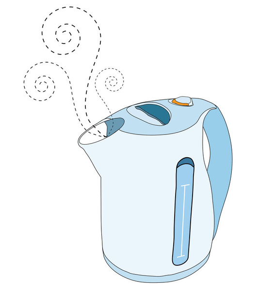 Modern blue kettle with stylized steam coming out of the spout - Vektör, Görsel