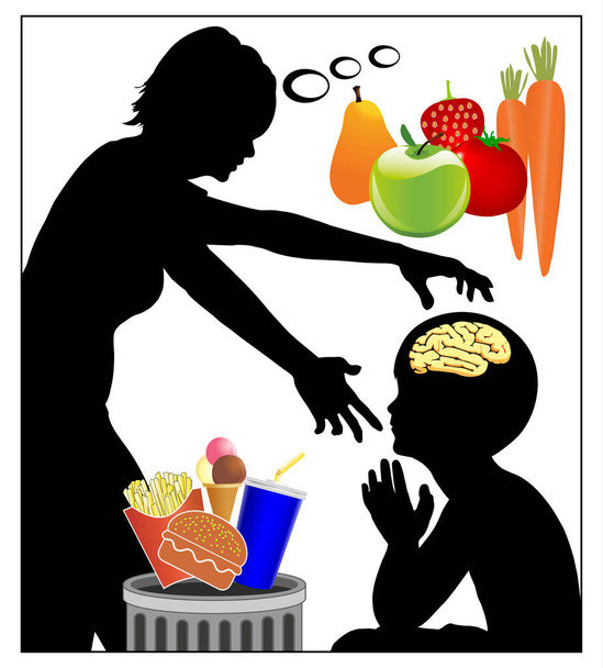 Changing food habits. Mother trying mind control in order to switch her child from junk to health food, to fruits and vegetables instead of soft drinks, sweet, hamburger. - Photo, Image