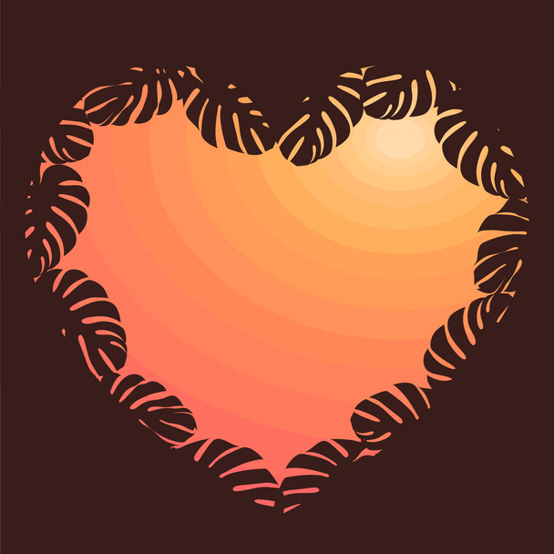Модний тропічний векторний шаблон. Каркас у формі серця прикрашений силуетами листя Монстери. Ілюстрація вечірнього заходу сонця. Налаштування для запрошення, плаката, промо
 - Вектор, зображення