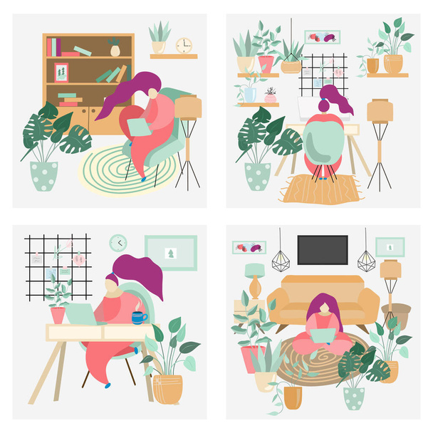 Ilustrační sada dívek sedících v křesle a pracujících na notebooku, pokoj je vybaven pohodlným nábytkem a rostlinami; trávení času doma koncepce, na volné noze, práce doma, vektorové ilustrace na plochém stylu - Vektor, obrázek