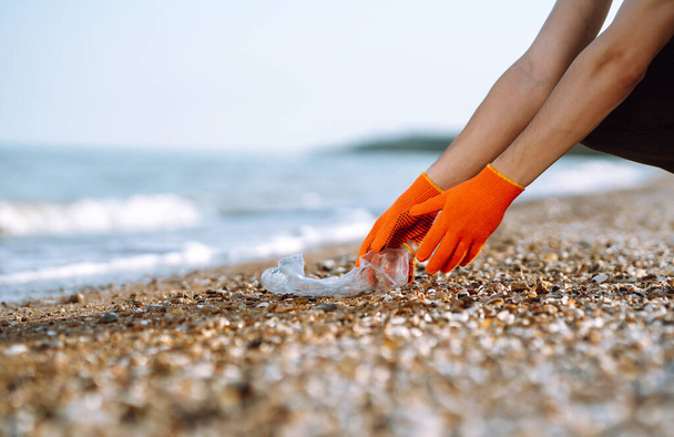 Men hand collects plastic bottle on sea beach. Volunteer wearing protective gloves collects bottle plastic. Seashore and water pollution concept. Environmental protection concept.  - Photo, Image