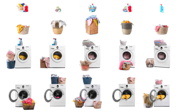 Conjunto de modernas máquinas de lavar roupa e cestas de roupa sobre fundo branco
 - Foto, Imagem